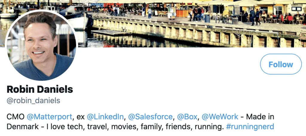 Personal brand statement example from Robin Daniels’ twitter bio