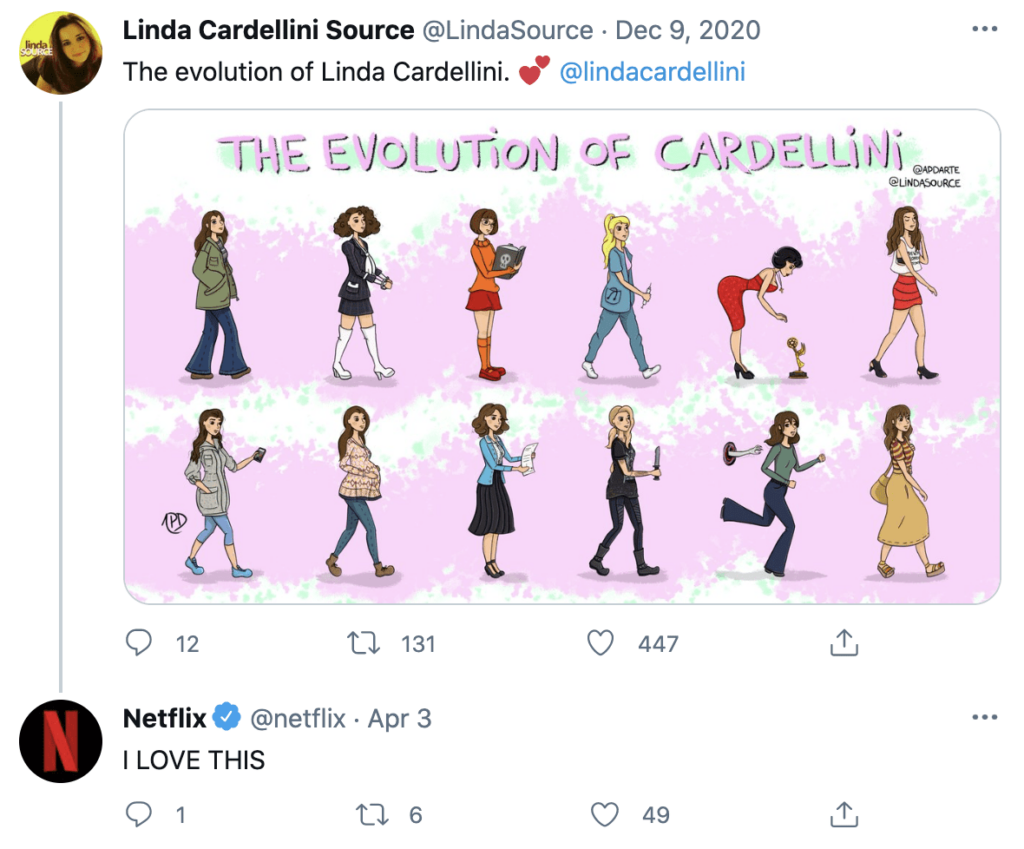 social listening strategy example from Netflix on twitter with fan art of Linda Cardellini.