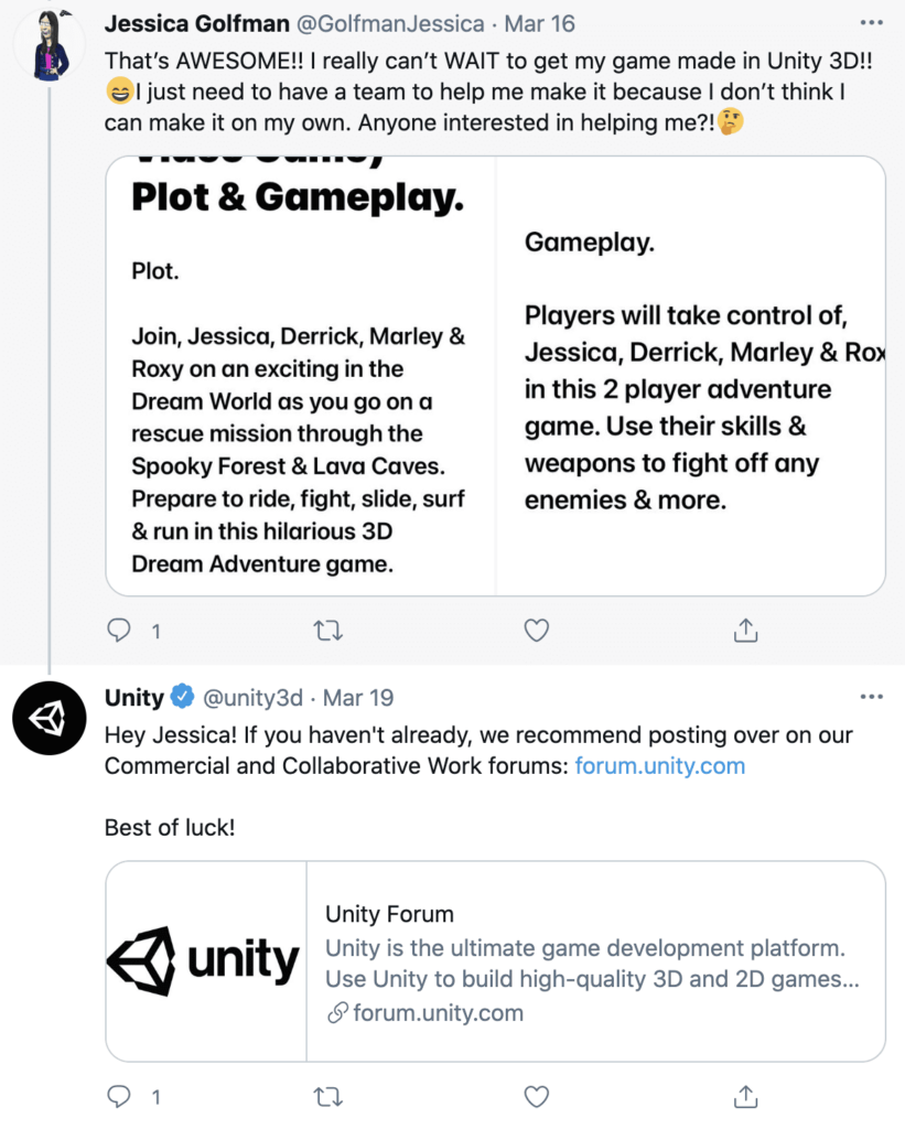 screenshot of Unity Technologies twitter interaction with user