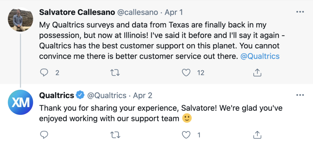 social listening strategy example from qualtrics on twitter