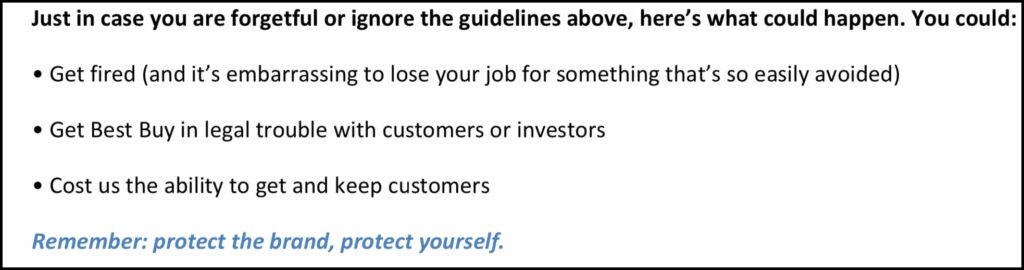 Best Buy's social media rules for employees states people can be fired for breaking the rules.