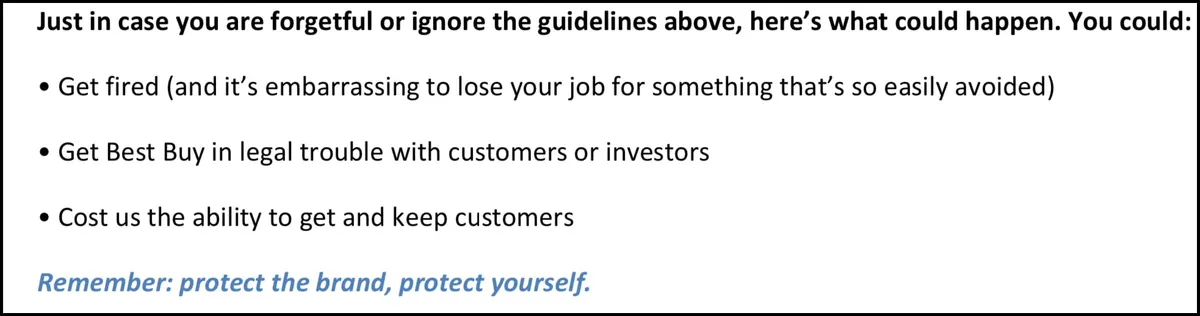 Best Buy’s social media rules for employees states people can be fired for breaking the rules.