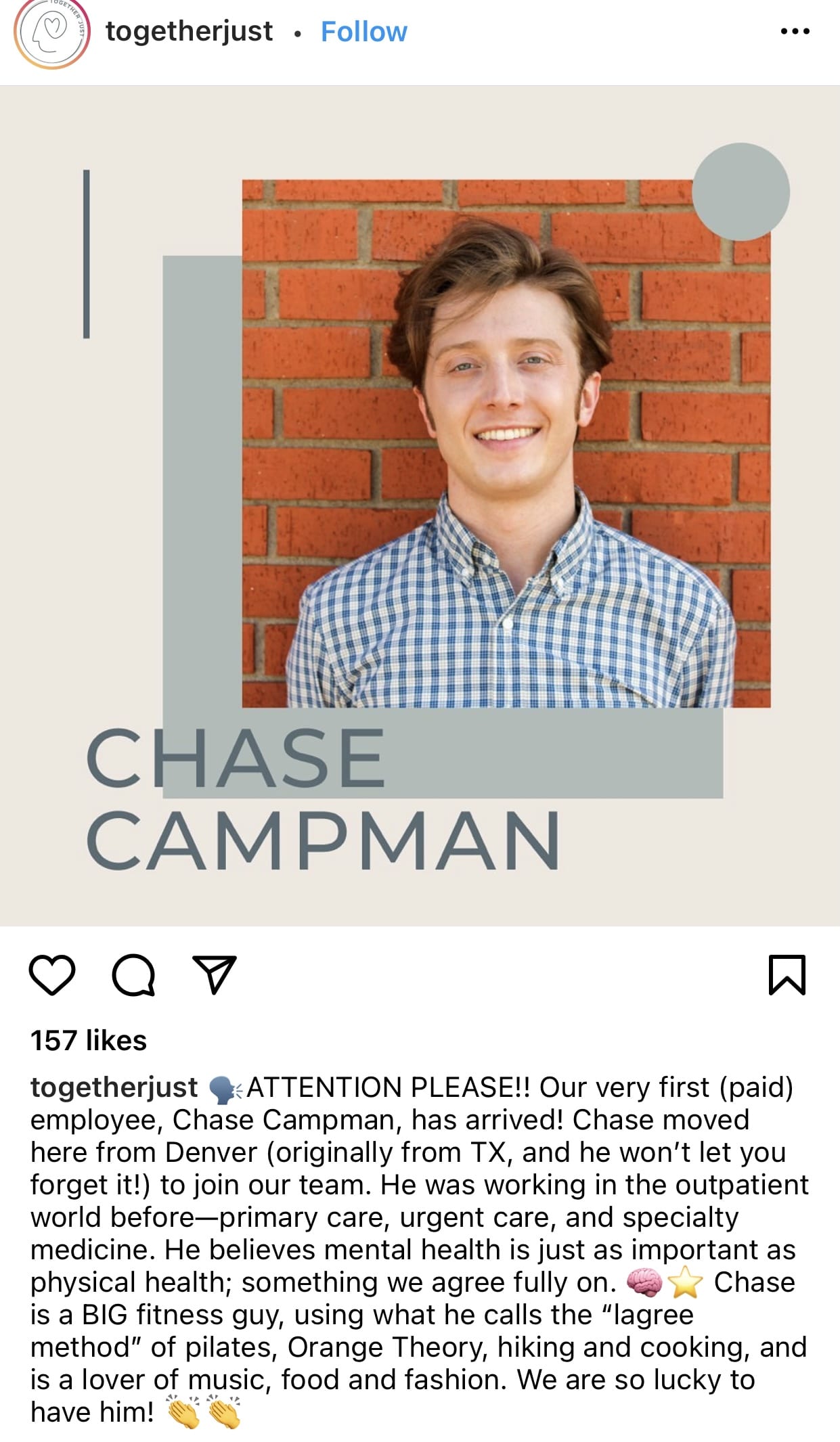 new employee welcome message on Instagram from TogetherJust