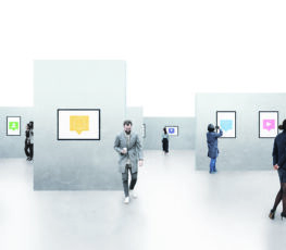 illustration of people walking through gallery of social media terms
