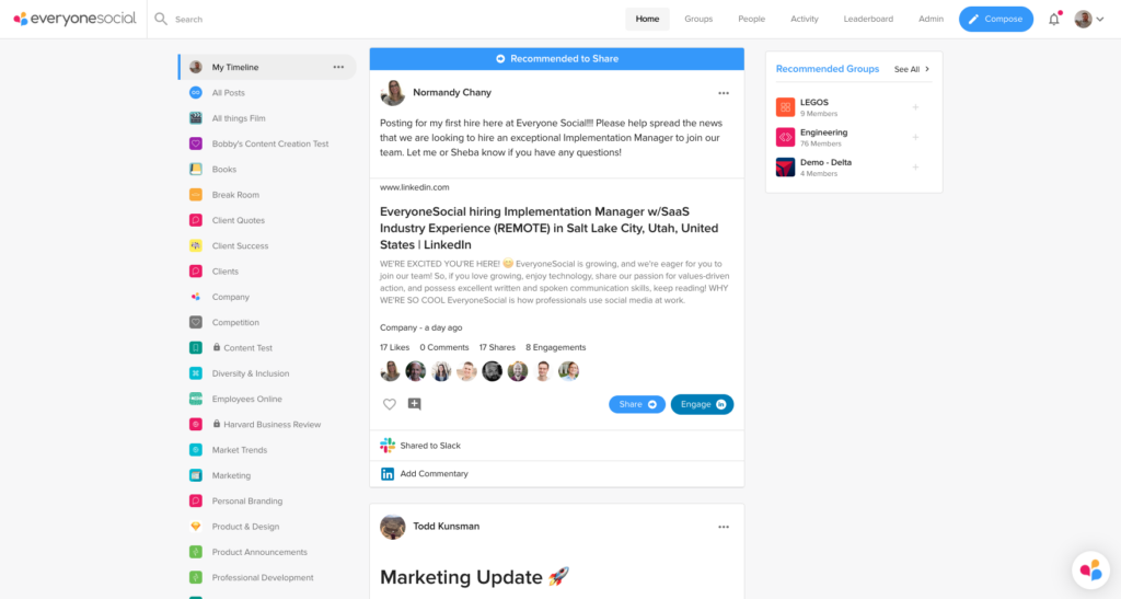 This is what EveryoneSocial's employee advocacy platform looks like – as you can see, it's easy to organize and share content in topic-based groups.