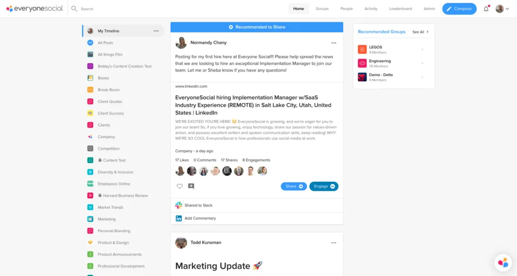This is what EveryoneSocial’s employee advocacy platform looks like – as you can see, it’s easy to organize and share content in topic-based groups.