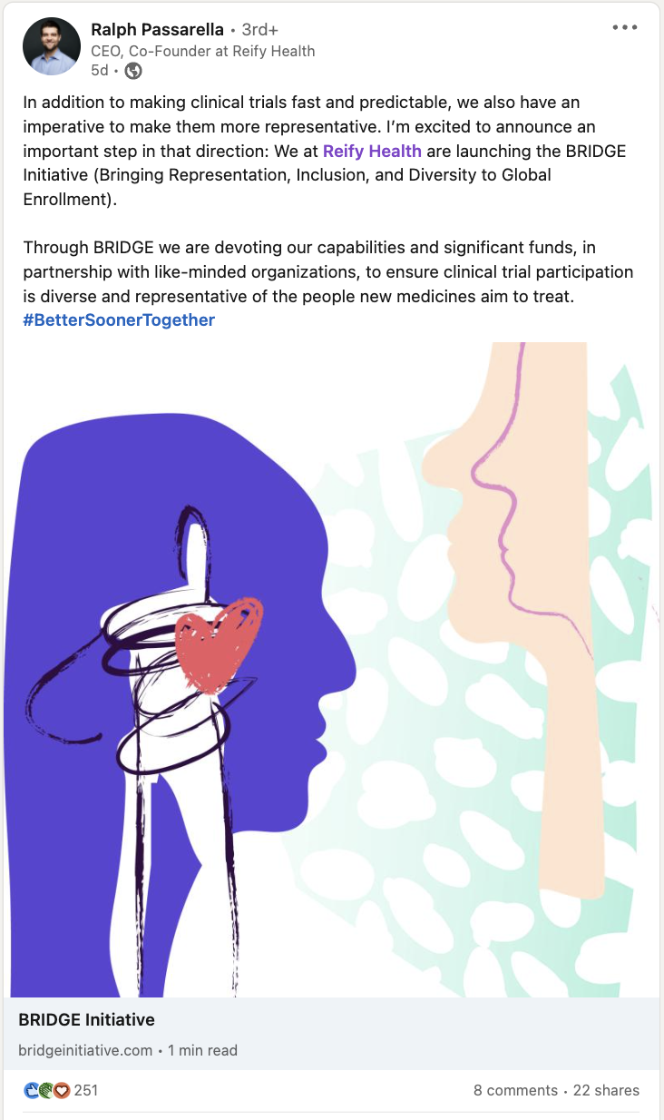 Reify Health social post example from the CEO.