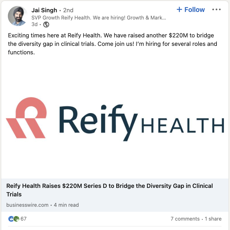 Reify Health example social post.