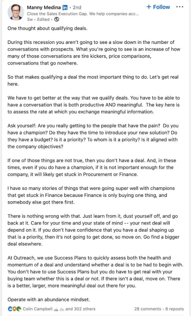 Manny Medina, CEO of Outreach, LinkedIn post example. 