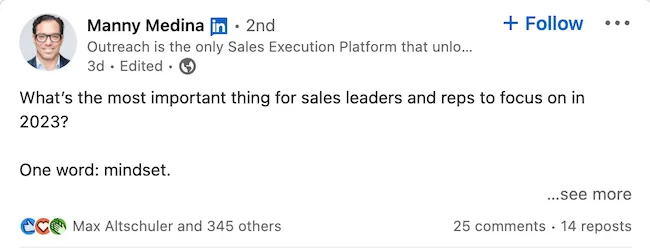 Founder and CEO of Outreach social post example.